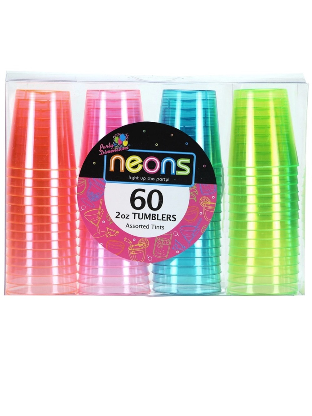 Party Dimensions 60 Count Neon Pink, Green, Orange & Blue Plastic Tumblers 2oz